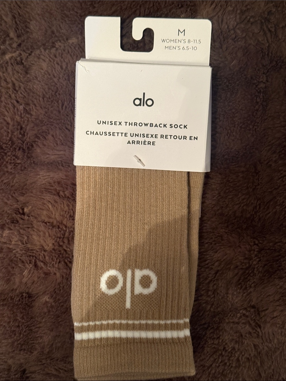 ALO Yoga Unisex Throwback Sock in tan with white logo